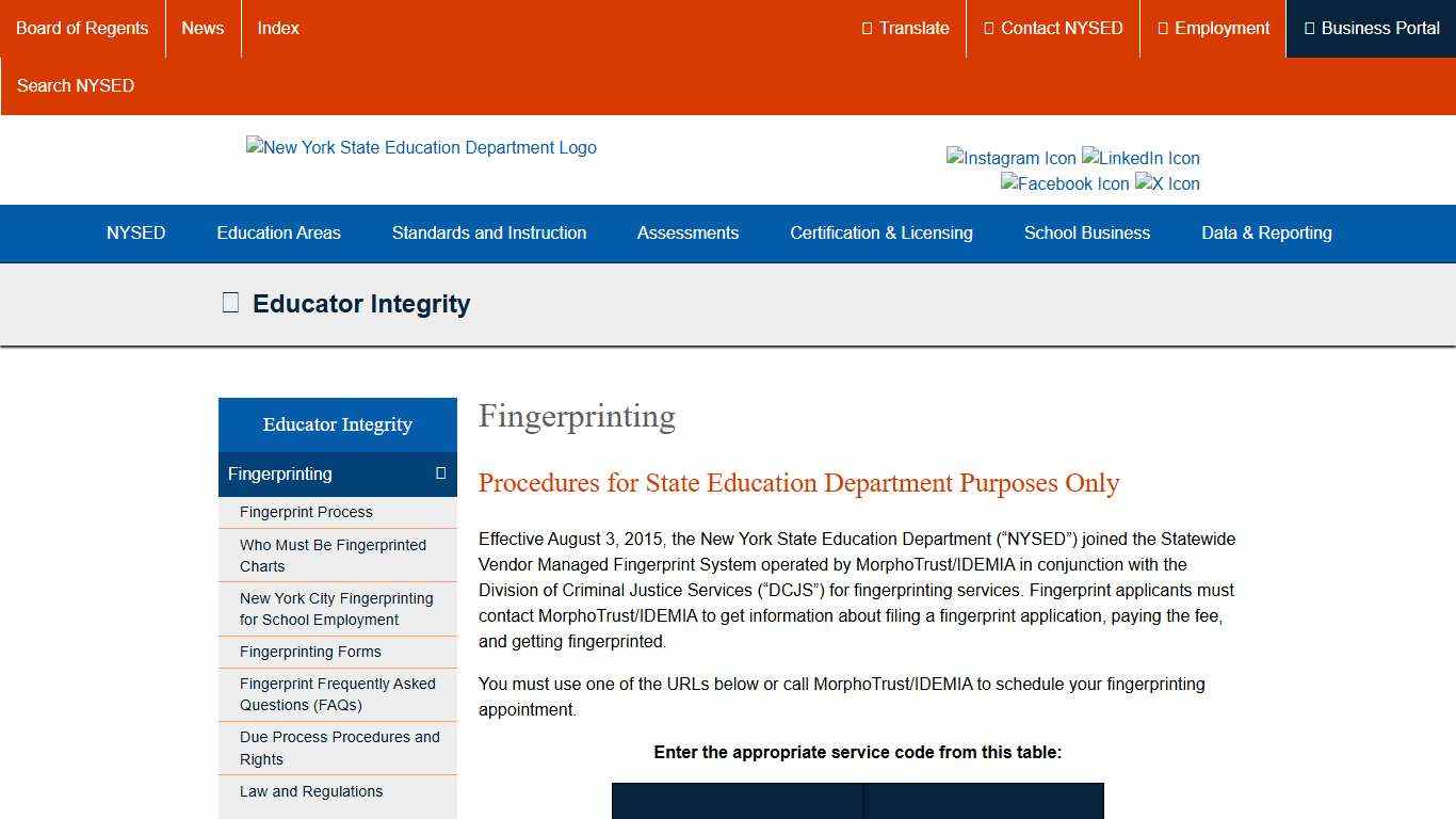 Fingerprinting New York State Education Department